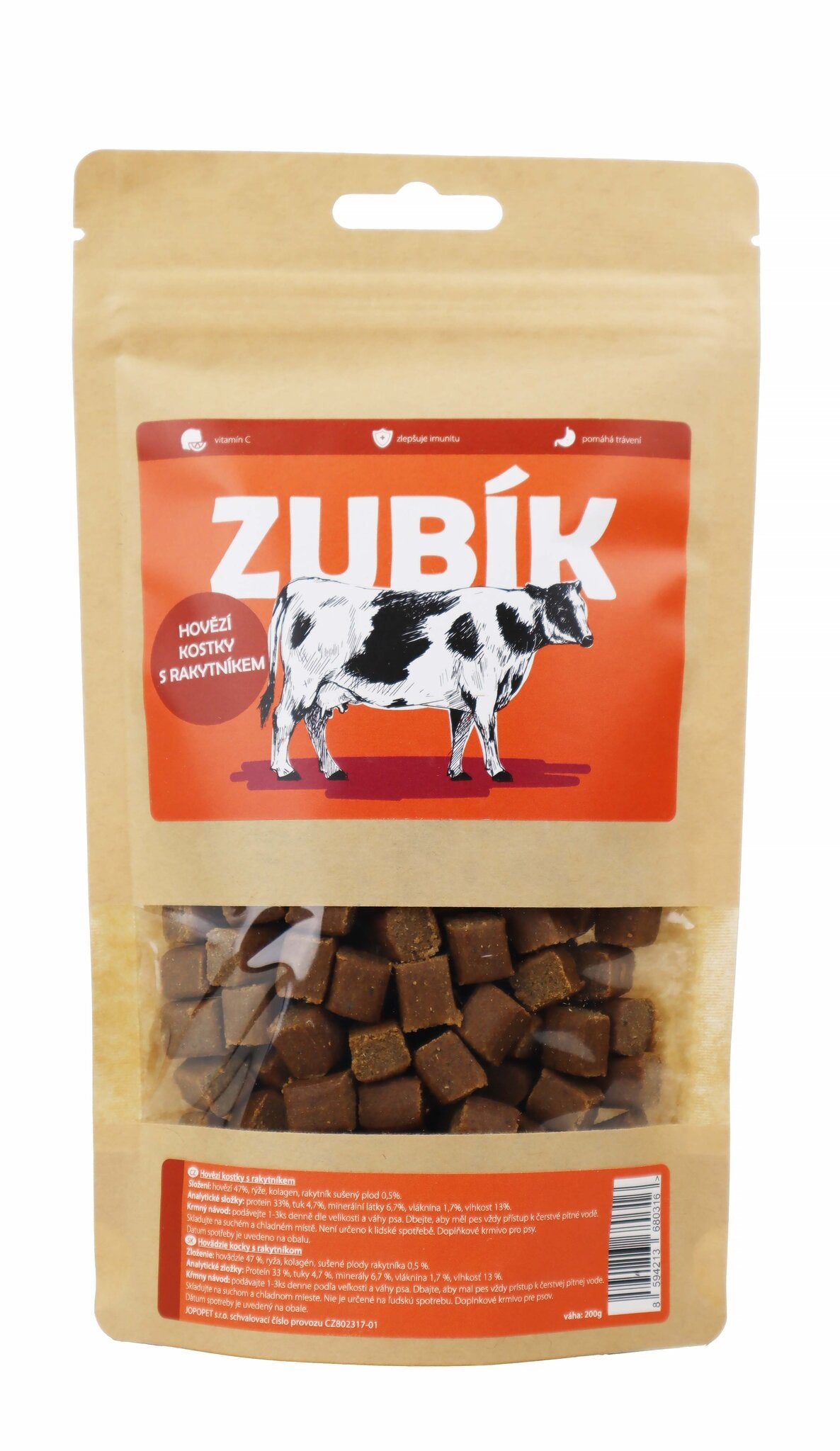 Pochoutka ZUBÍK Hovězí kostky s rakytníkem 200g