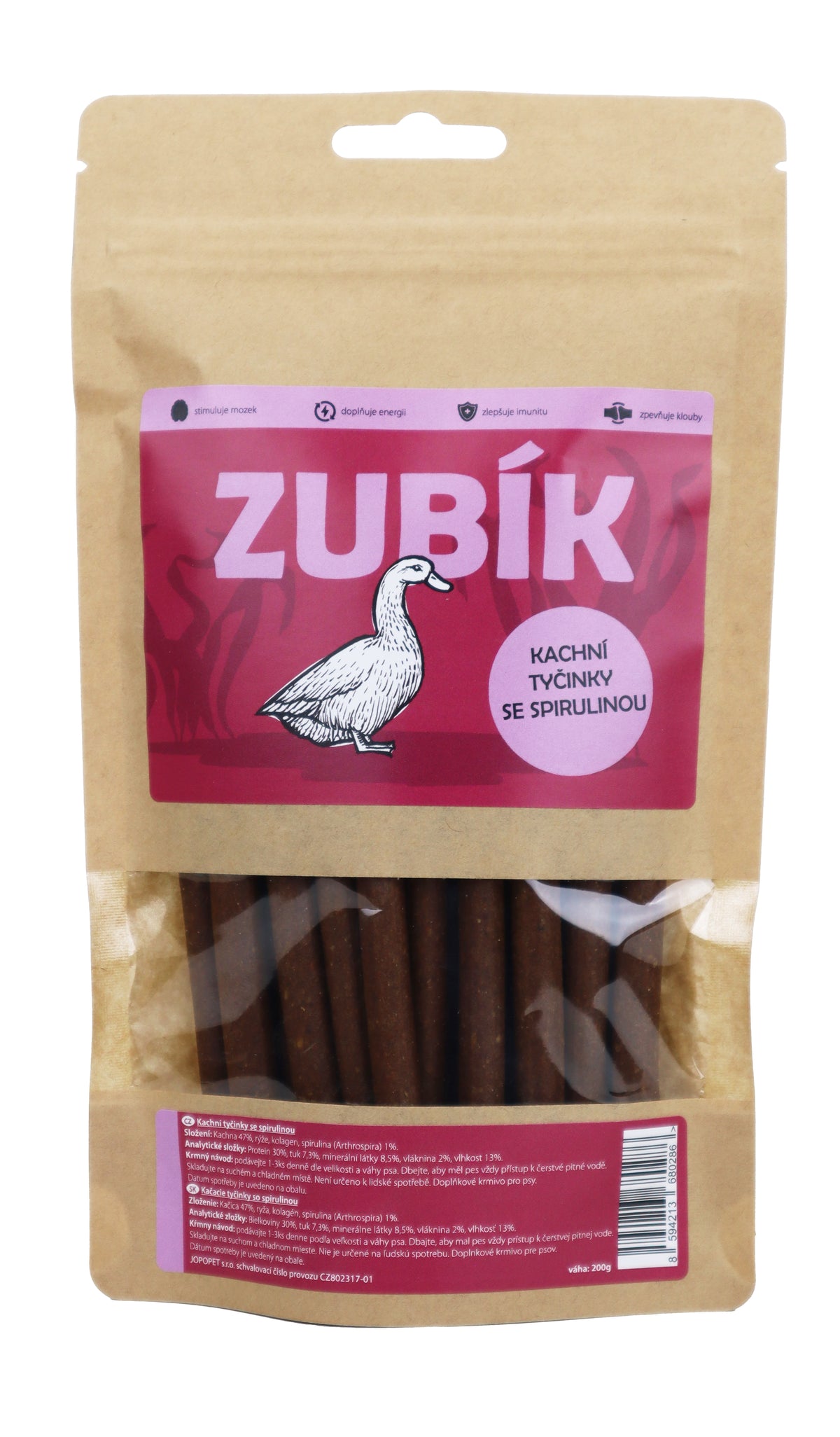 Pochoutka ZUBÍK Kachní tyčinky se spirulinou 200g